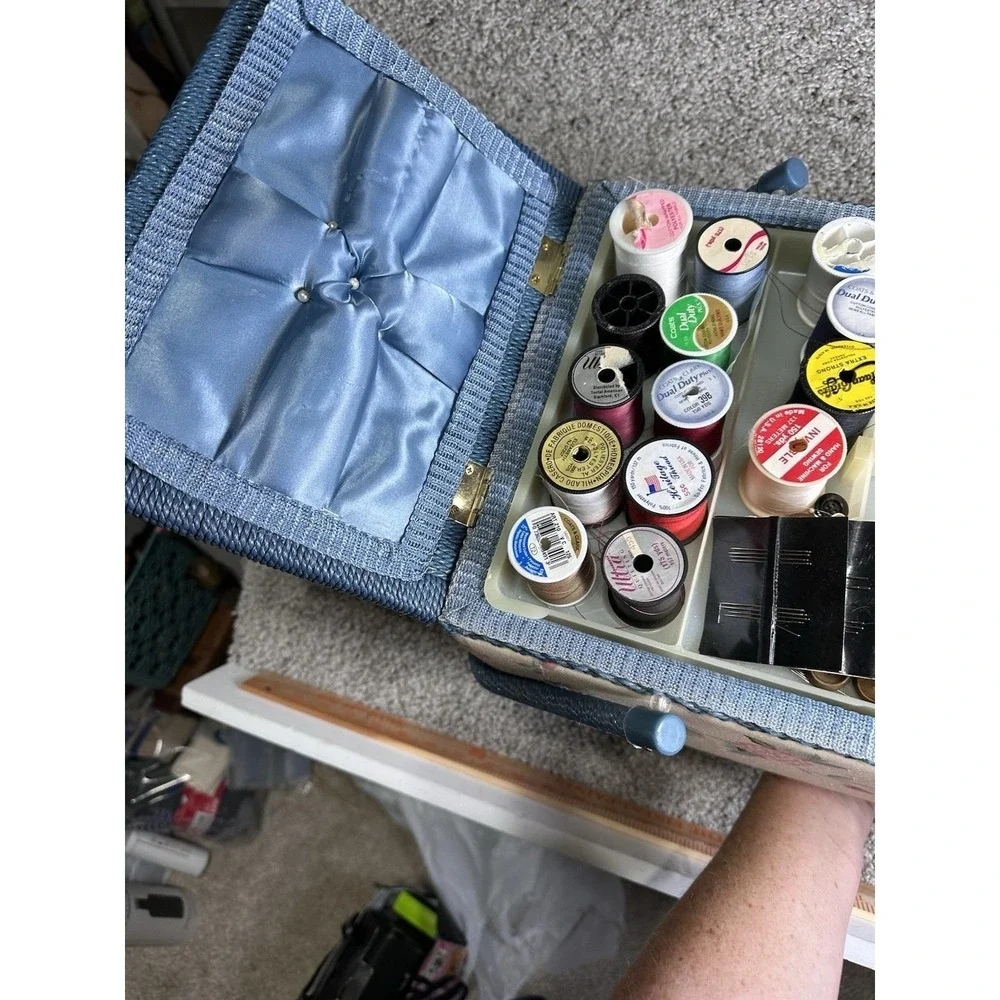 Vintage Sewing Basket Floral Blue Handles Organizer Kit w Supplies
